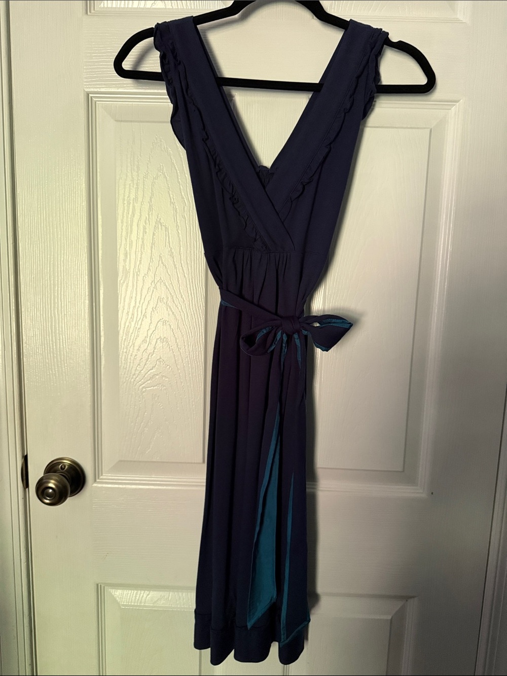 Navy V-Neck Dress with Teal Accent